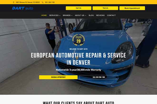 European auto repair shop website with blue Porsche